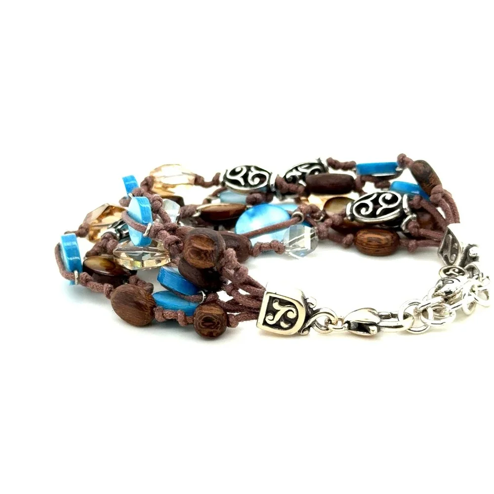 Brighton Multi Strand Beaded Bracelet Blue Shell Wood Crystal Silver Tone 7-8